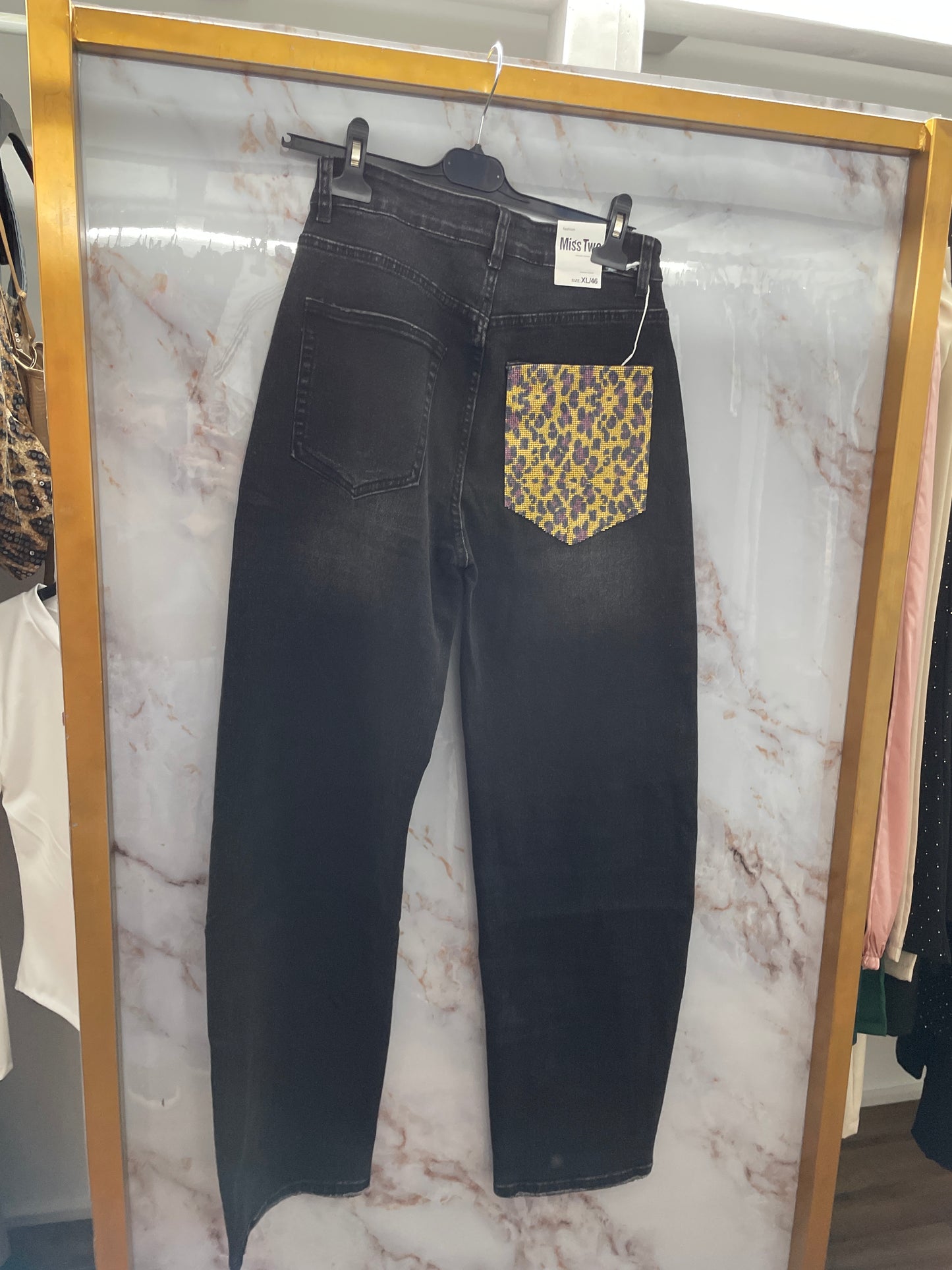 Jeans nero tasca leopardata