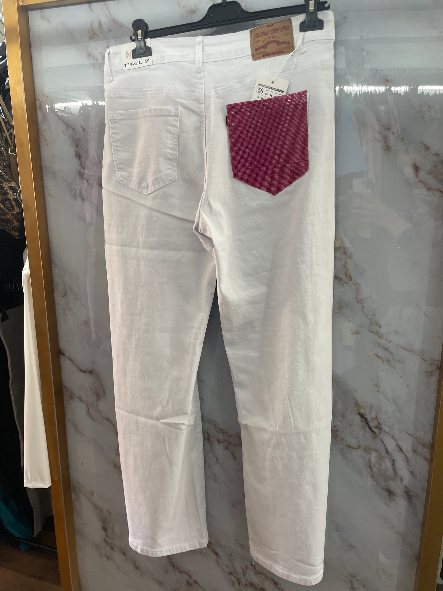 Jeans bianco tasca Fucsia